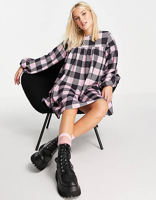 ASOS DESIGN oversized long sleeve smock dress with tie back in large pink gingham print