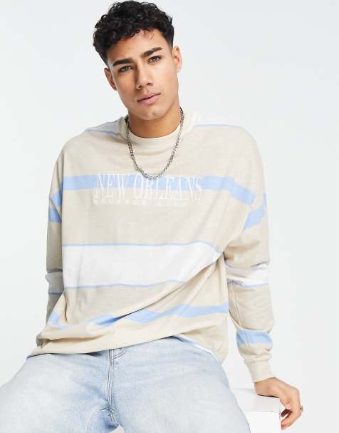ASOS DESIGN oversized long sleeve stripe t-shirt in beige with city print
