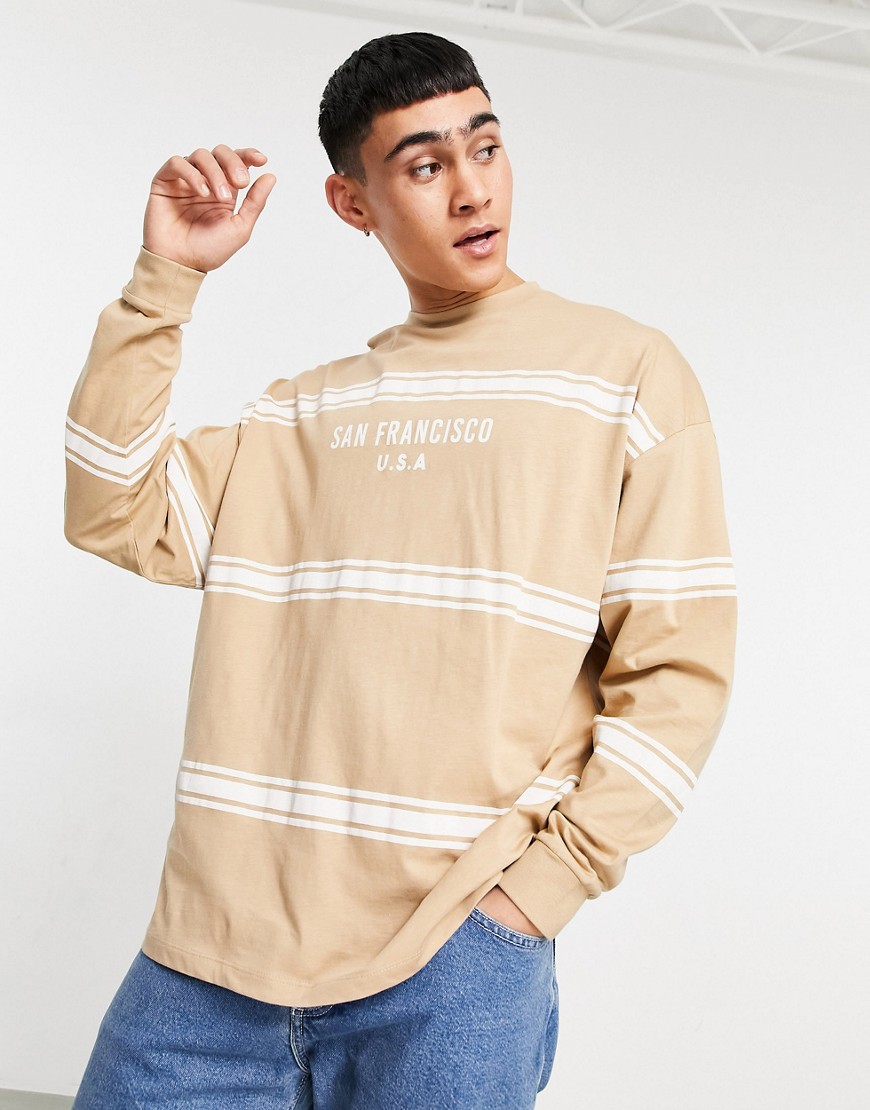 ASOS DESIGN oversized long sleeve stripe t-shirt in beige with San Francisco city print-Brown