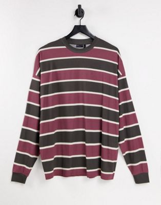ASOS DESIGN oversized long sleeve stripe t-shirt in burgundy & black
