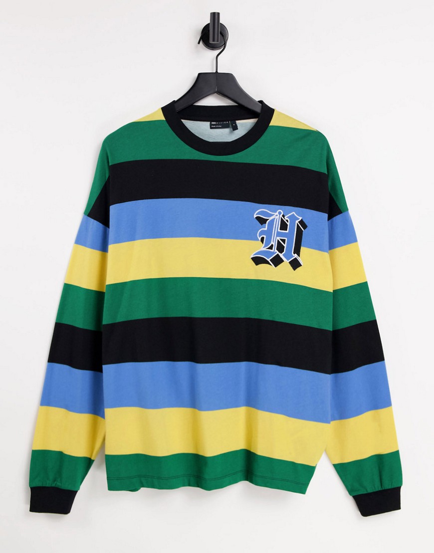 ASOS DESIGN oversized long-sleeve stripe t-shirt in color block with chest embroidery in multicolor