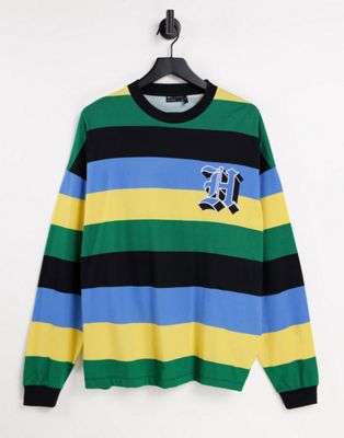 ASOS DESIGN oversized long-sleeve stripe t-shirt in colour block with chest embroidery  - MULTI