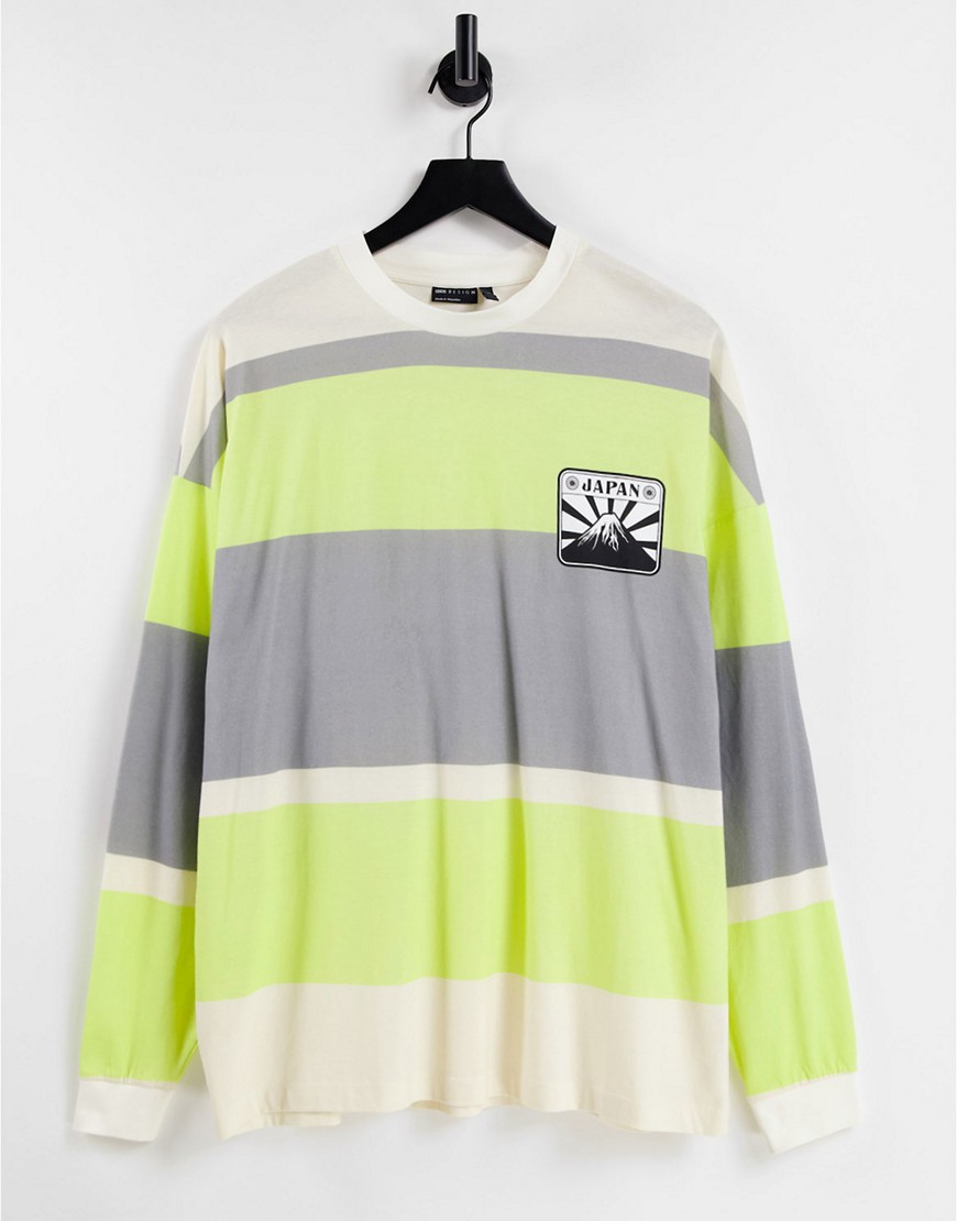 ASOS DESIGN oversized long sleeve stripe t-shirt in lime green with Japan print