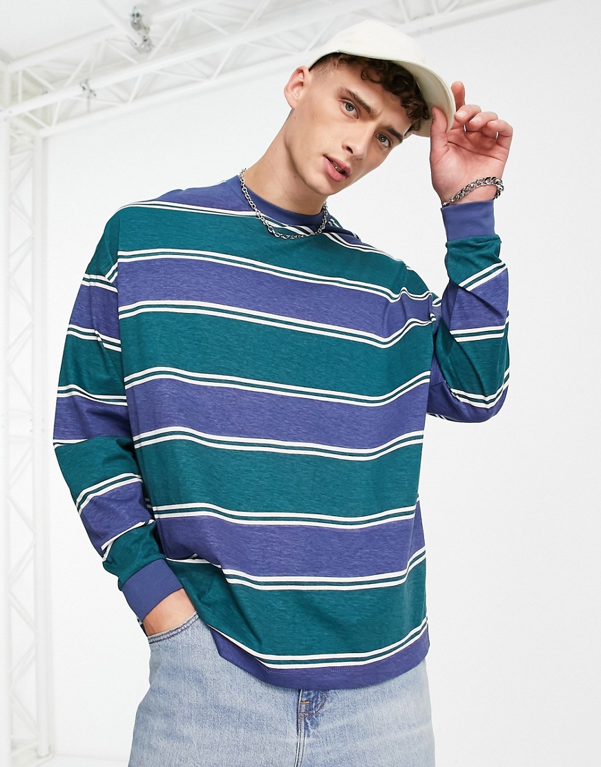 ASOS DESIGN oversized long sleeve stripe T-shirt in navy and green-Blue