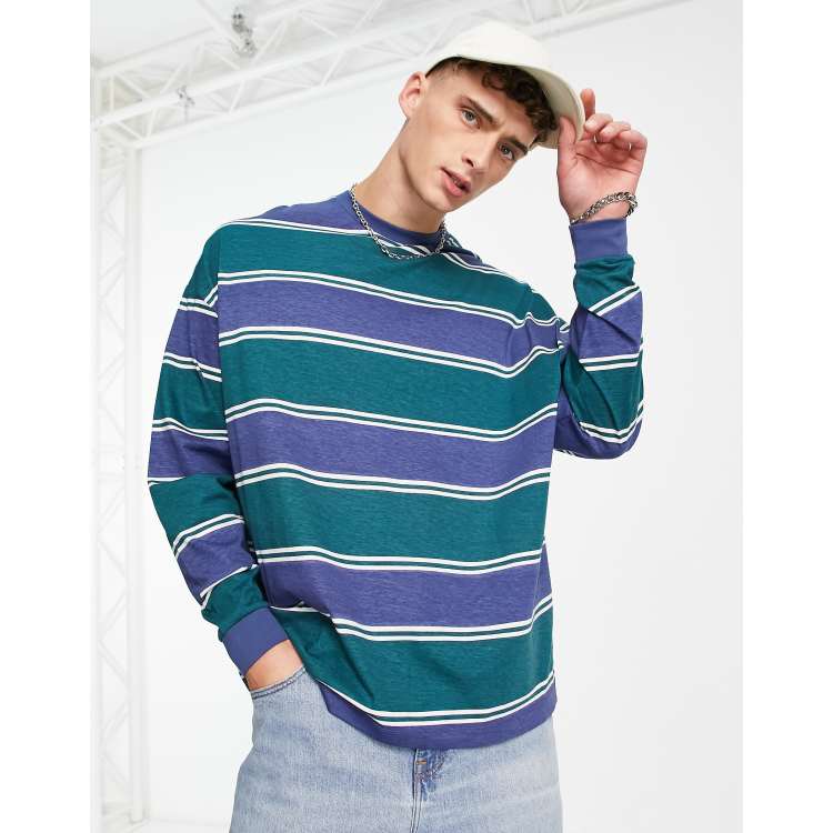 ASOS DESIGN oversized long sleeve stripe T-shirt in navy and green