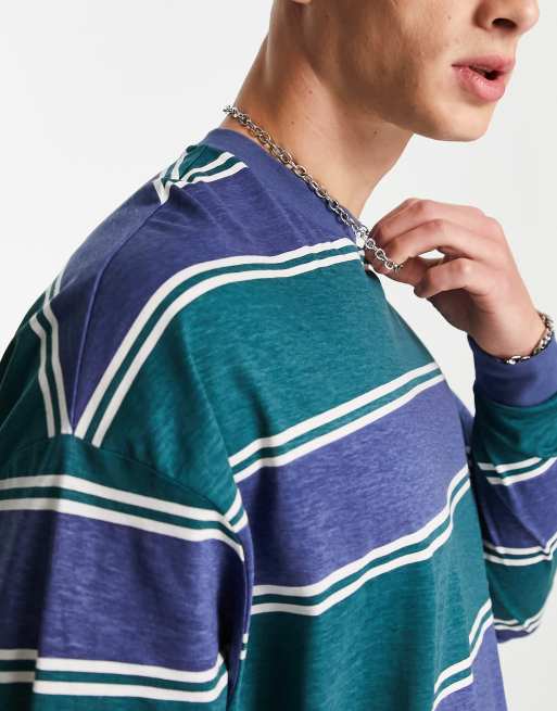 ASOS DESIGN oversized long sleeve stripe T-shirt in navy and green