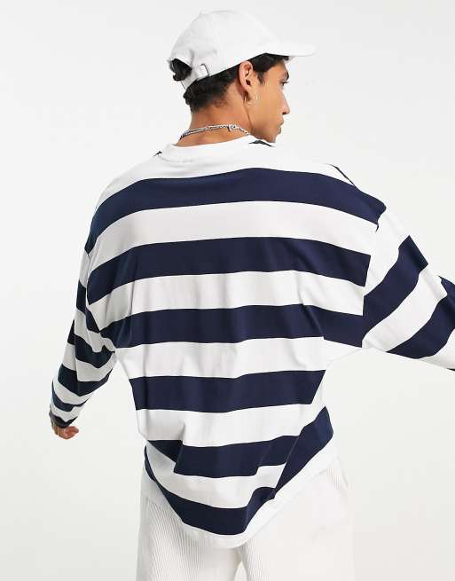 ASOS DESIGN oversized long sleeve stripe t-shirt in navy and white, 2 of 4
