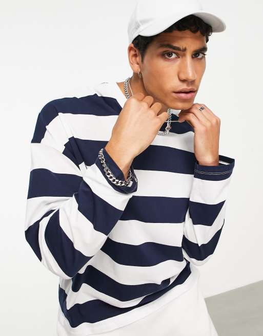 ASOS DESIGN oversized long sleeve stripe t-shirt in navy and white, 3 of 4