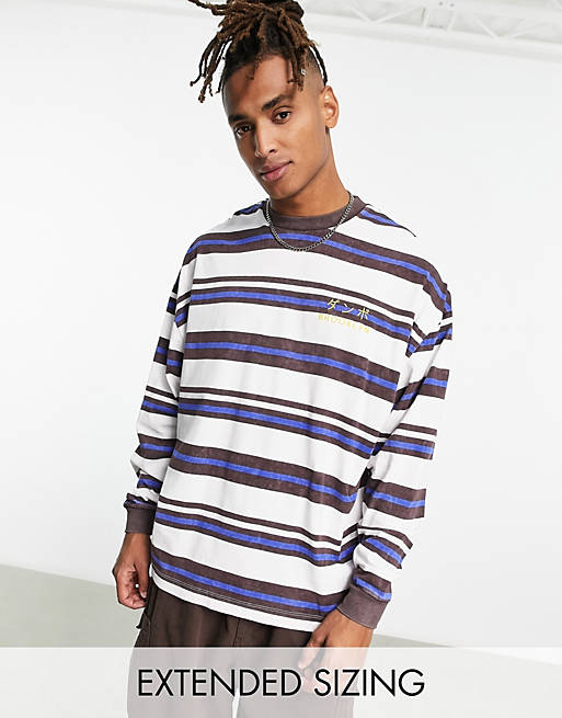 ASOS DESIGN oversized long sleeve stripe t-shirt in off white & brown with  chest print