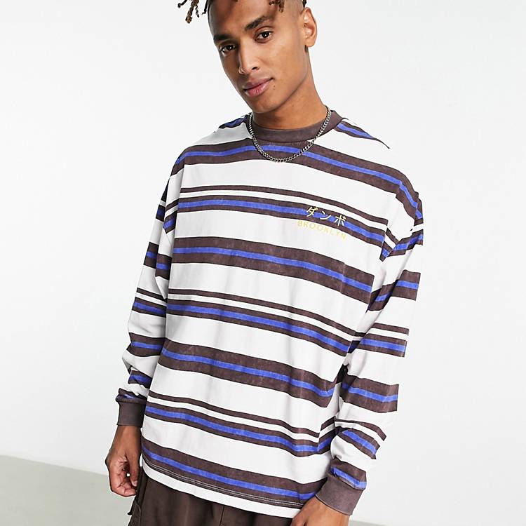 ASOS DESIGN oversized long sleeve stripe t-shirt in off white & brown with  chest print
