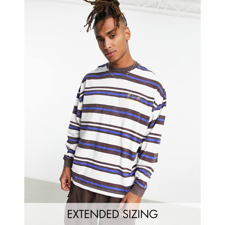 ASOS DESIGN oversized long sleeve stripe t-shirt in off white & brown with  chest print