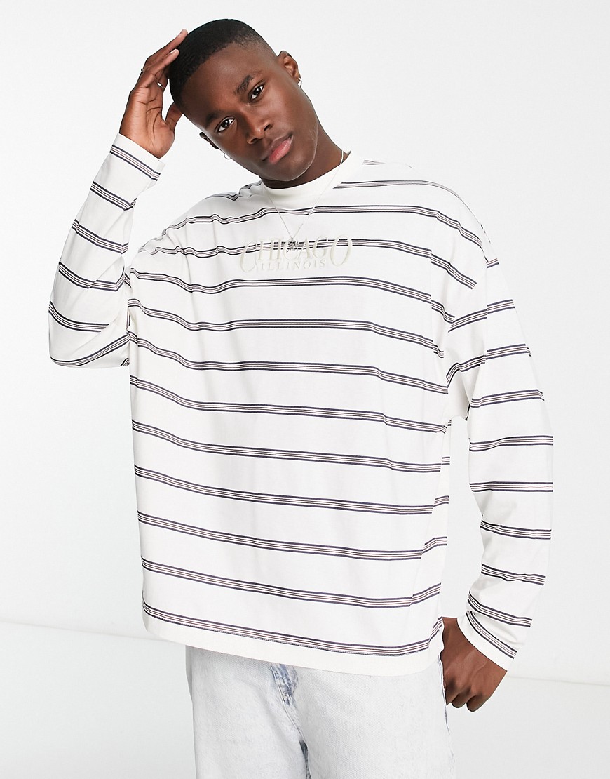 ASOS DESIGN oversized long sleeve stripe t-shirt in off white with front print
