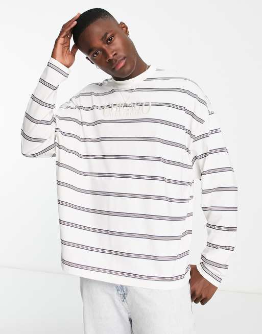 ASOS DESIGN oversized long sleeve stripe t-shirt in off white with front  print