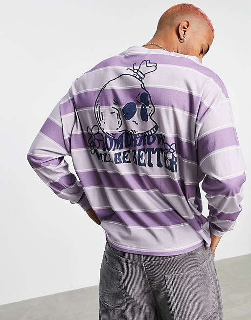  oversized long sleeve stripe t-shirt in purple organic cotton with back skull print 