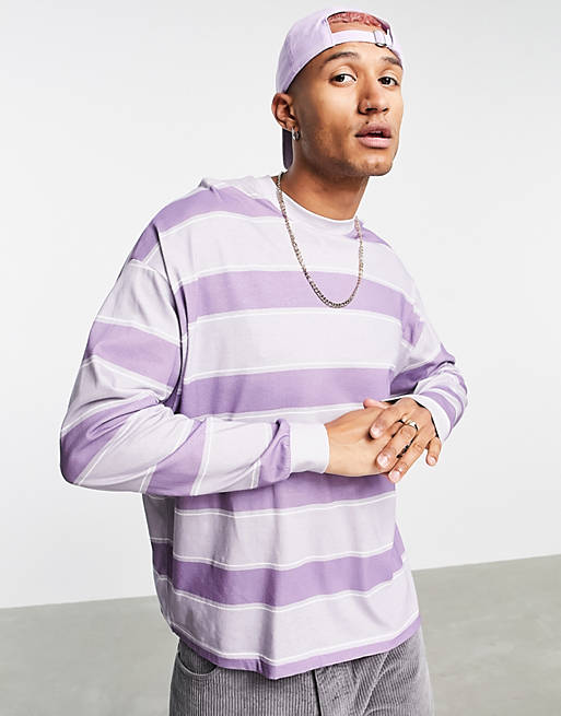  oversized long sleeve stripe t-shirt in purple organic cotton with back skull print 