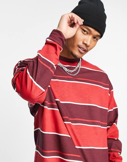 ASOS DESIGN oversized long sleeve stripe t-shirt in red