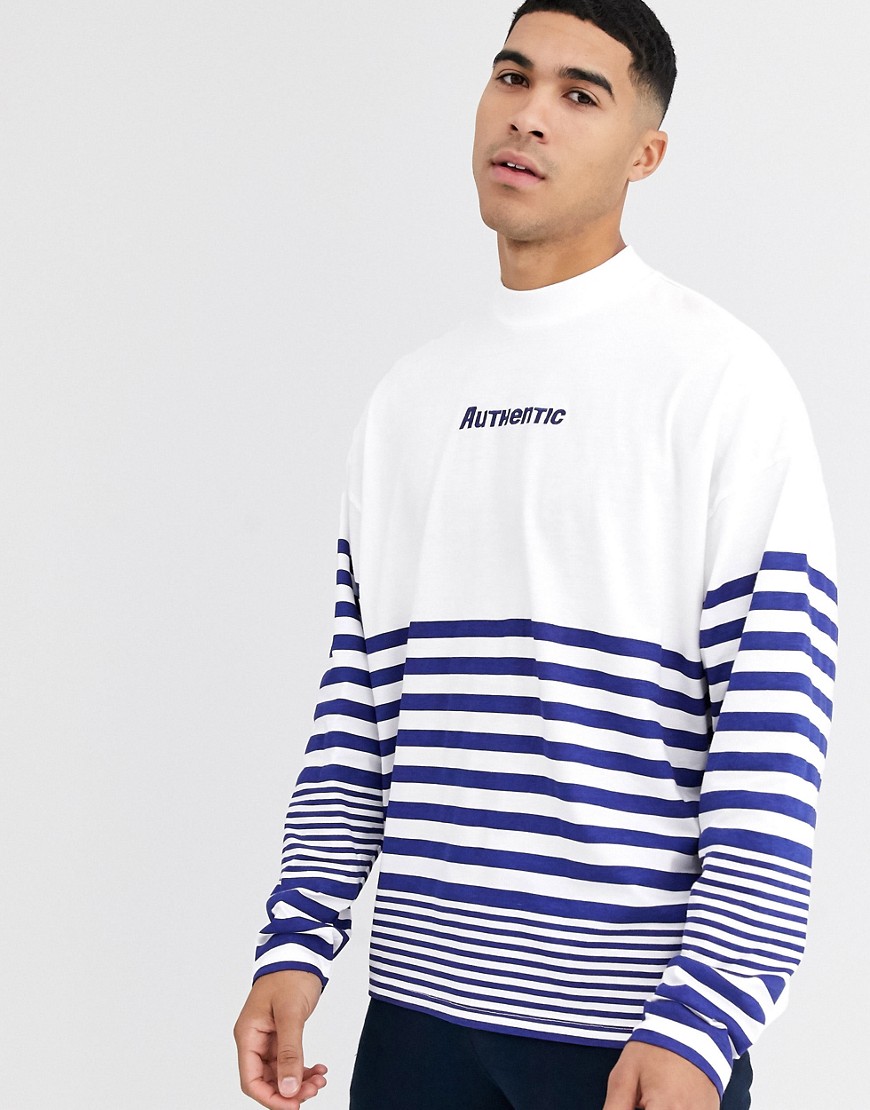 ASOS DESIGN oversized long sleeve stripe t-shirt with turtle neck and chest print-White