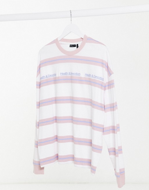 ASOS DESIGN oversized long sleeve stripe with health and devotion text print in lilac