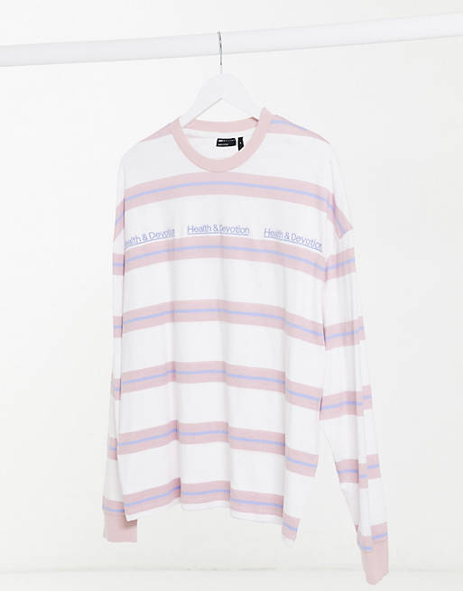 oversized long sleeve stripe with health and devotion text print in lilac 