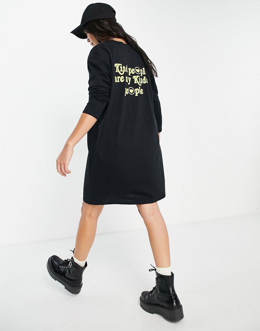 ASOS DESIGN oversized long sleeve t-shirt dress in black with yellow kind people slogan
