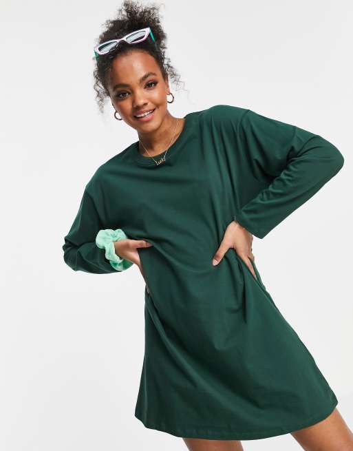 ASOS DESIGN oversized long sleeve T shirt dress in forest green