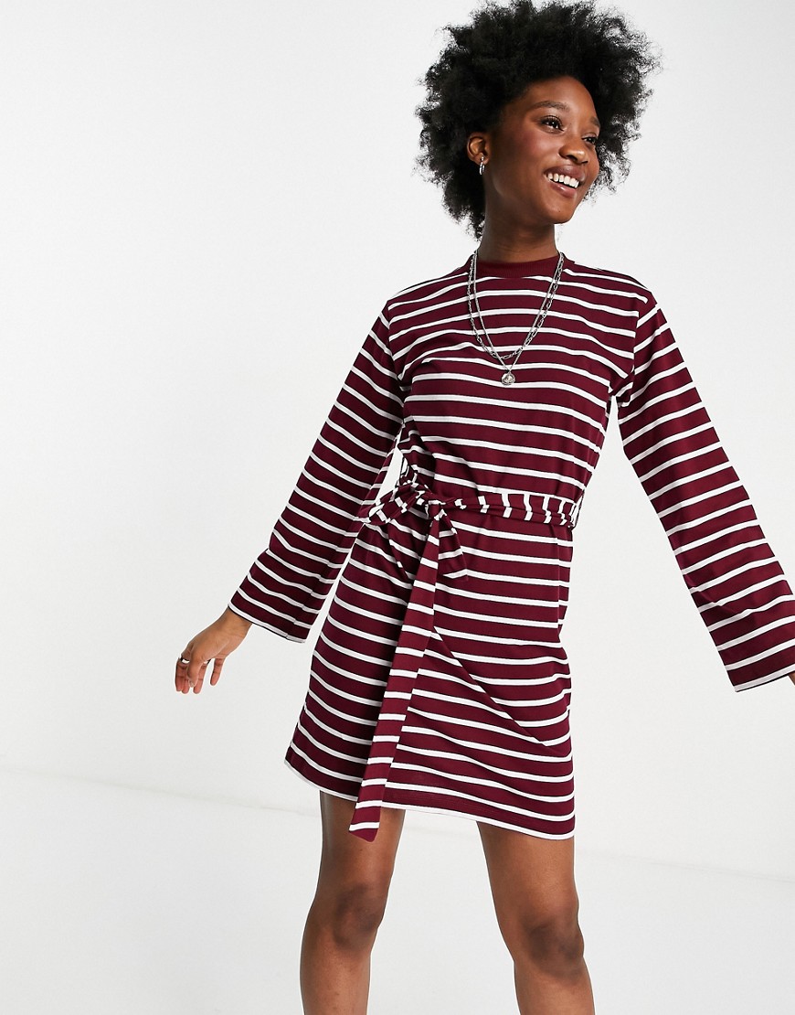ASOS DESIGN oversized long sleeve t-shirt dress with belt in burgundy and white stripe-Red