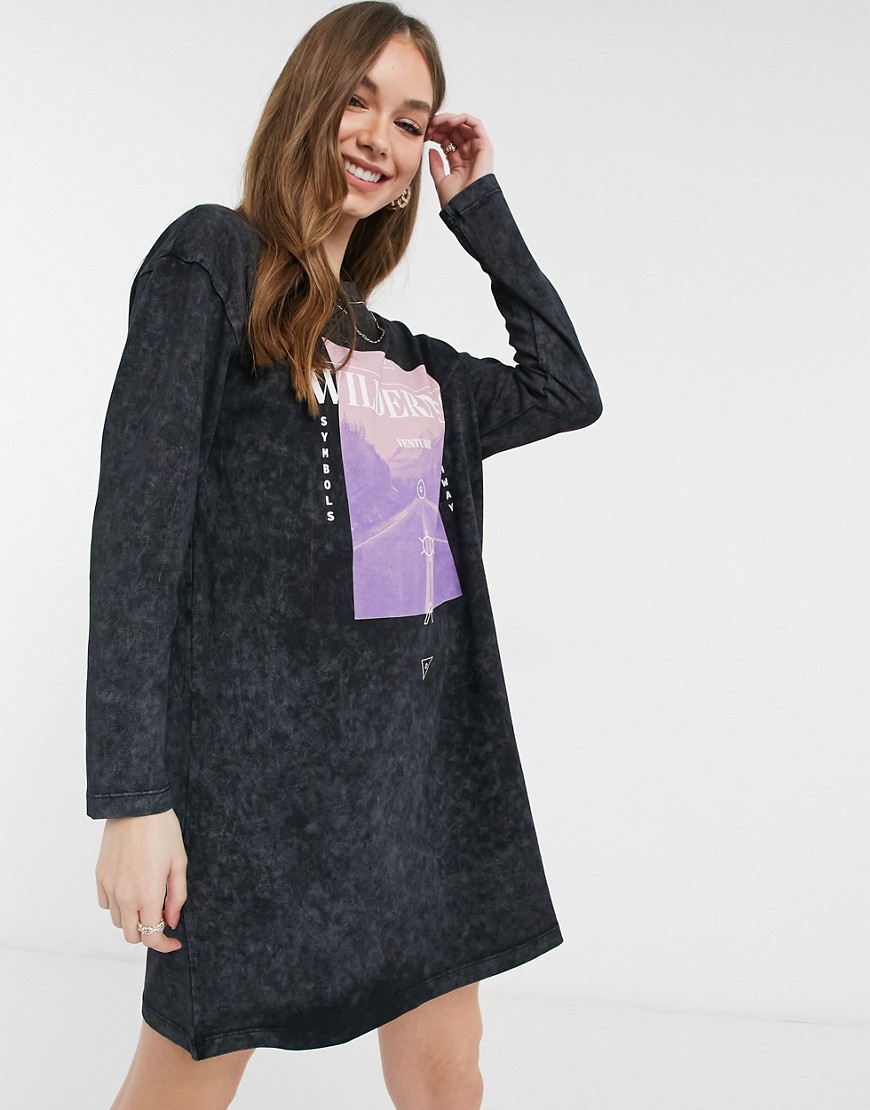 ASOS DESIGN oversized long sleeve t-shirt dress with wilderness graphic in acid wash gray-Black
