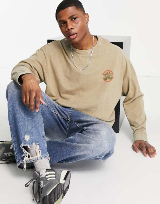 ASOS DESIGN oversized long sleeve t-shirt in beige acid wash with chest print