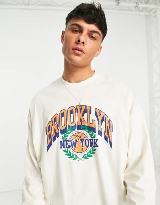 ASOS DESIGN oversized long sleeve t-shirt in beige with Brooklyn front print | ASOS