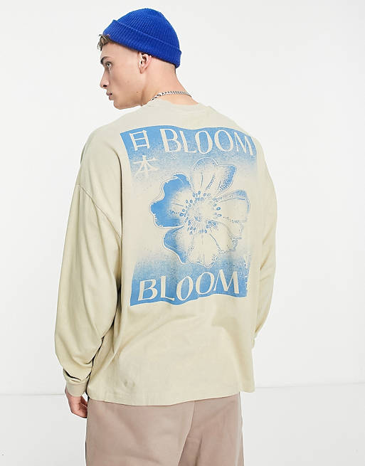  oversized long sleeve t-shirt in beige with floral back print 