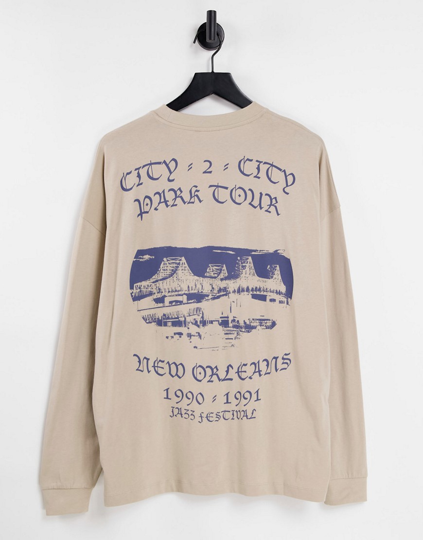 ASOS DESIGN oversized long sleeve t-shirt in beige with New Orleans back print-Neutral