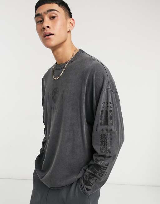 ASOS DESIGN oversized long sleeve t-shirt in black acid wash with