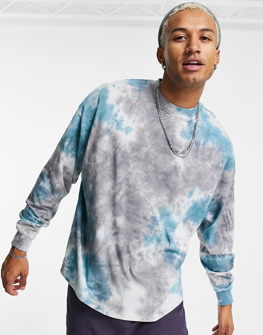 ASOS DESIGN oversized long sleeve t-shirt in black and blue tie dye-Blues