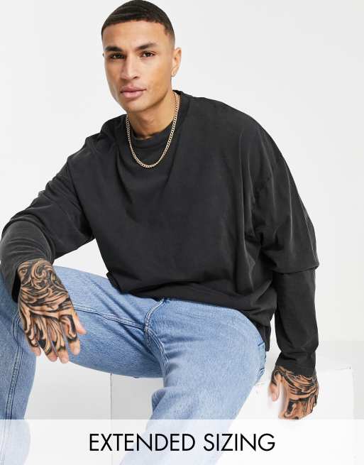 ASOS DESIGN oversized long sleeve t-shirt in black cotton blend acid wash - BLACK