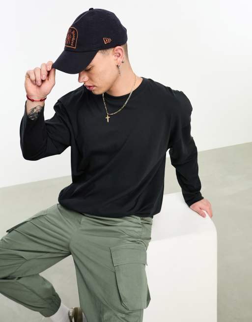 ASOS DESIGN oversized long sleeve baseball jersey shirt in black - BLACK