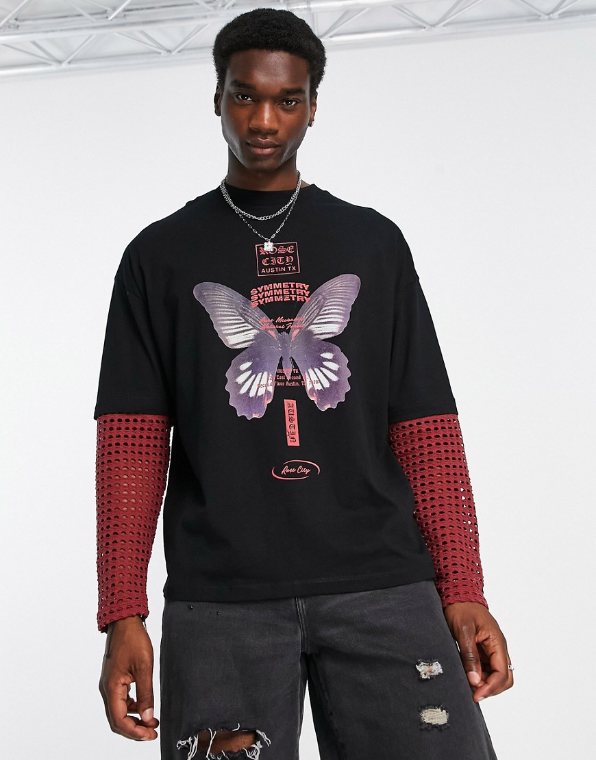 ASOS DESIGN oversized long sleeve t-shirt in black with butterfly print and double layer fabric sleeve