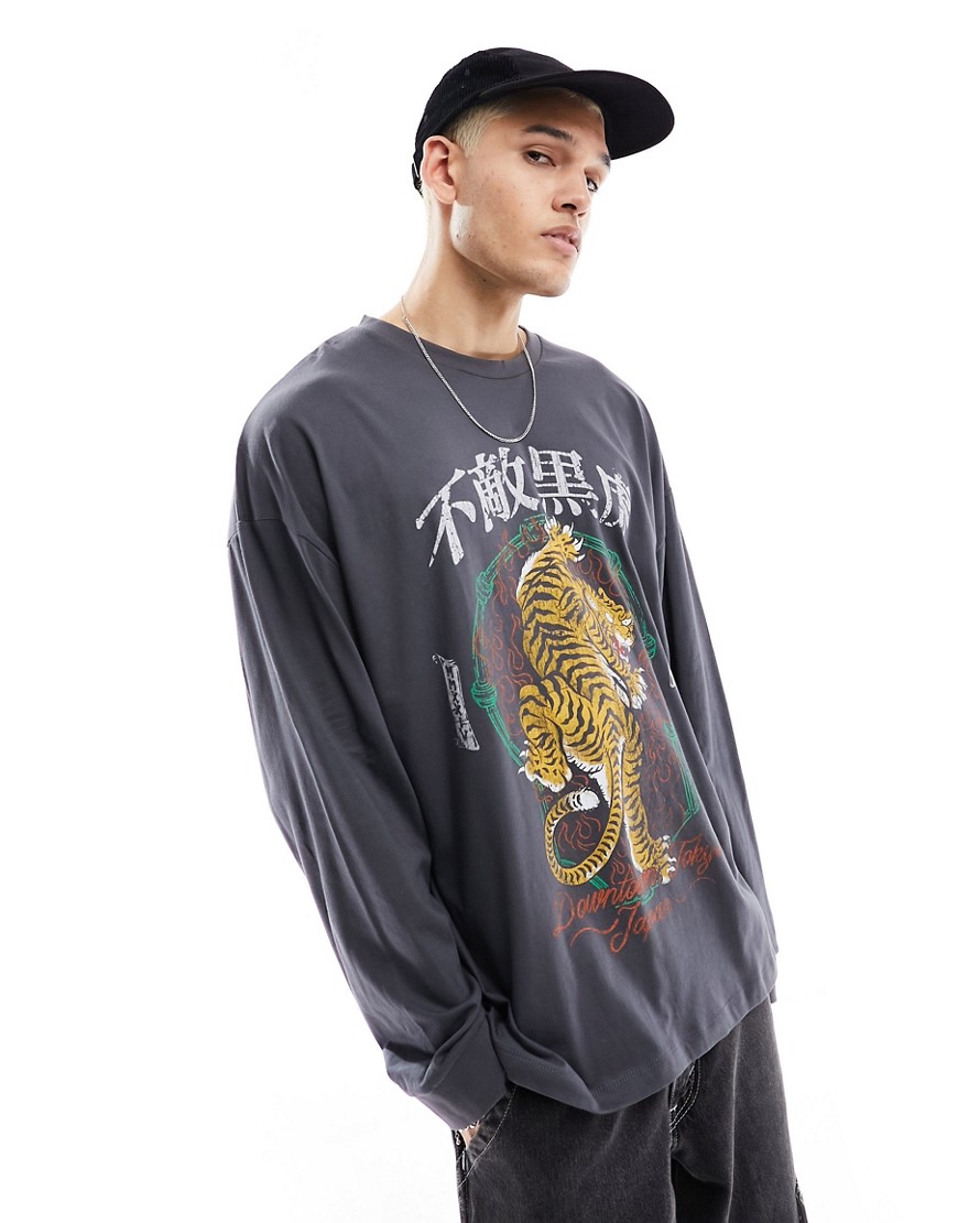 ASOS DESIGN oversized long sleeve t-shirt in black with front souvenir tiger print
