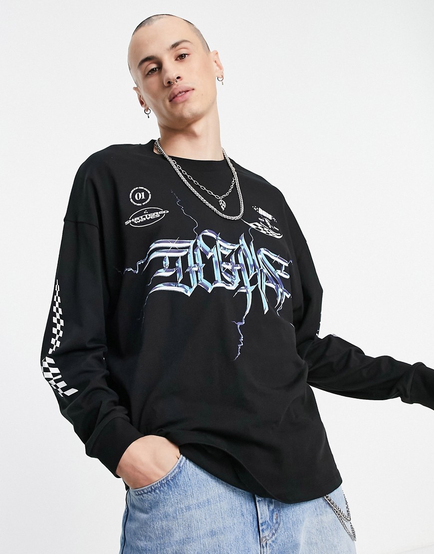 ASOS DESIGN oversized long sleeve t-shirt in black with gaming and sleeve prints