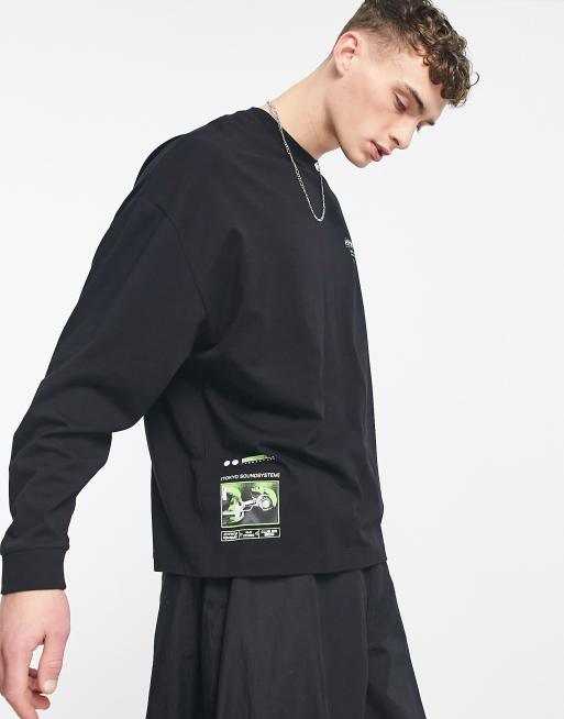 ASOS DESIGN oversized long sleeve t-shirt in black with green photographic  back print