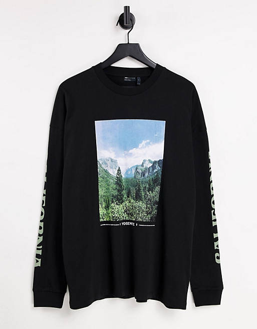 Men oversized long sleeve t-shirt in black with mountain and sleeve prints 