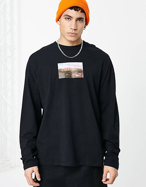 Men oversized long sleeve t-shirt in black with photographic mountain print 
