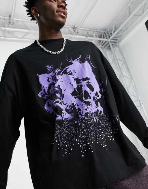 ASOS DESIGN oversized long sleeve t-shirt in black with skull print and studs