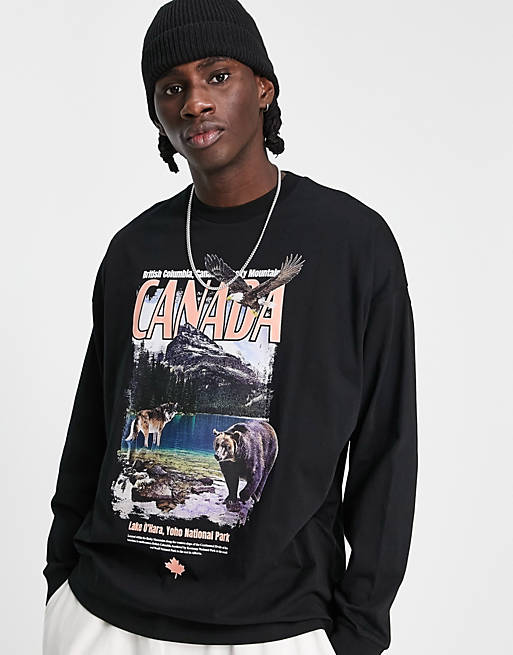  oversized long sleeve t-shirt in black with vintage Canada print 