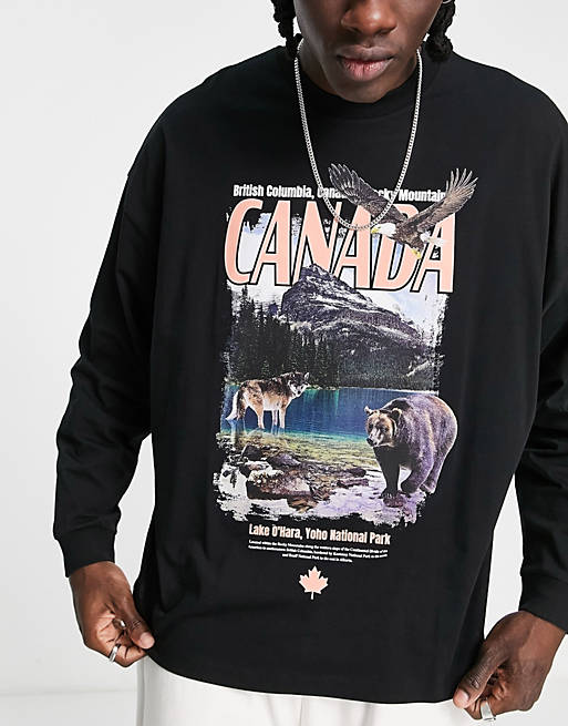  oversized long sleeve t-shirt in black with vintage Canada print 