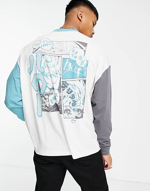  oversized long sleeve t-shirt in blue colour block with back print 