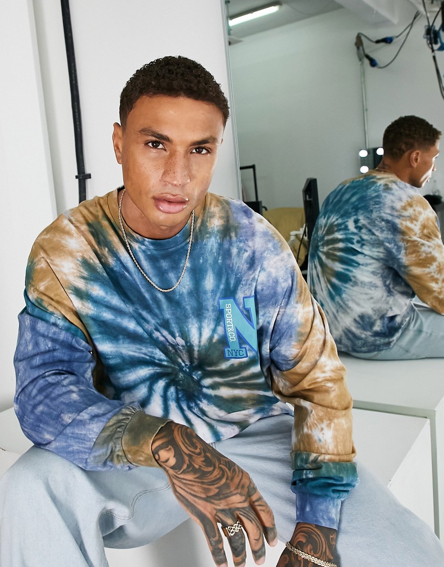 ASOS DESIGN oversized long sleeve t-shirt in blue tie dye with front print - BROWN