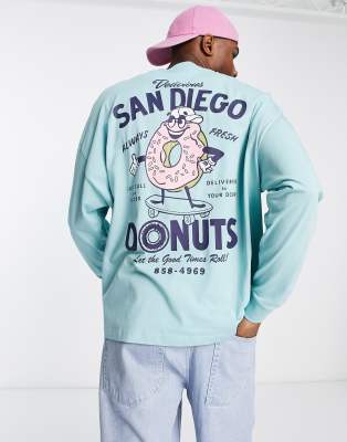 ASOS DESIGN oversized long sleeve t-shirt in blue with cartoon donut back print - ASOS Price Checker