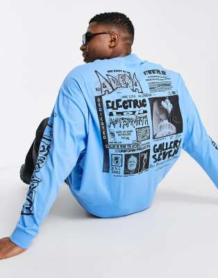 ASOS DESIGN oversized long sleeve t-shirt in blue with street back & sleeve  prints