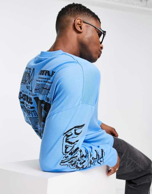 ASOS DESIGN oversized long sleeve t-shirt in blue with street back & sleeve  prints