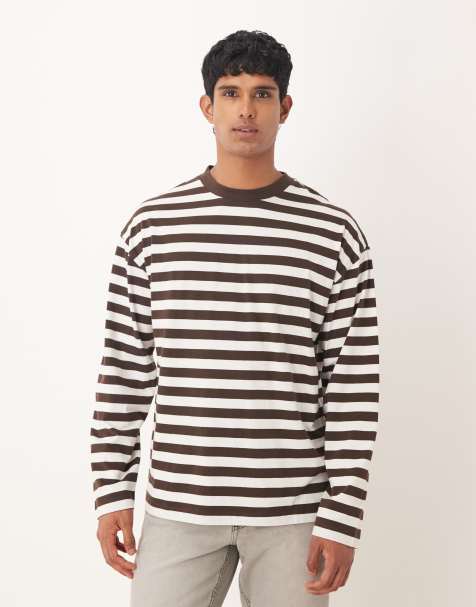 ASOS DESIGN oversized long sleeve t-shirt in brown and ecru stripe - view 1